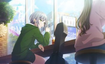 2girls blue_pants blue_sky brown_hair cloud cola colorful_palette drinking_straw earbuds earphones game_cg glass green_eyes green_hoodie grey_hair hanging_plant highres hinomori_shiho holding holding_pen hood hoodie ice ice_cube live_with_memories_(project_sekai) long_hair multiple_girls official_art pants pen pink_sweater ponytail project_sekai sitting sky solo_focus sweater third-party_source