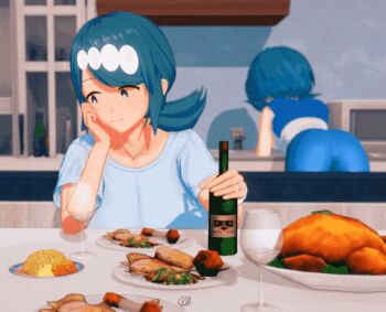 2girls 3d animated animated_gif ass bent_over blue_eyes blue_hair blue_pants blue_shirt bottle cup dinner drinking_glass elbow_rest feathermapleleaf fellatio_gesture female_focus food from_behind hair_ornament handjob_gesture head_rest indoors koikatsu_(medium) lana&#039;s_mother_(pokemon) lana_(pokemon) leaning_forward looking_at_another looking_at_viewer looking_back mature_female mother_and_daughter multiple_girls nintendo pants penetration_gesture pokemon pokemon_(anime) pokemon_sm_(anime) pov presenting sexually_suggestive shirt short_sleeves tongue tongue_out wine_bottle wine_glass