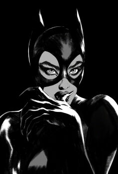 1girl batman_(series) black_background black_bodysuit bodysuit catwoman dc_comics francesca_ciregia greyscale highres looking_at_viewer monochrome selina_kyle simple_background solo upper_body
