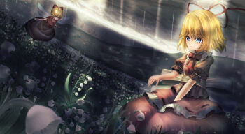 2girls black_shirt black_skirt blonde_hair blue_eyes collar fairy fairy_wings hair_between_eyes hair_ribbon highres medicine_melancholy medium_hair meo_(user_rhdv8385) multiple_girls neck_ribbon parted_lips puffy_short_sleeves puffy_sleeves red_ribbon ribbon ribbon_trim shirt short_sleeves sitting skirt su-san touhou white_collar wings