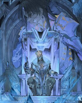 2boys armor black_coat black_footwear black_hair black_helmet black_pants blue_armor blue_theme blurry boots capitano_(genshin_impact) chain clawed_gauntlets closed_mouth coat commentary decay depth_of_field dual_persona ear_piercing earrings english_commentary facing_viewer fur-trimmed_coat fur_trim gauntlets genshin_impact hair_behind_ear helmet highres holding holding_sword holding_weapon ice ichigoh jewelry long_hair looking_down male_focus multiple_boys pants parted_bangs pauldrons piercing profile projected_inset shoulder_armor sitting sitting_on_throne spoilers sword throne weapon yellow_eyes