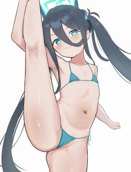 0rg 1girl absurdres aris_(blue_archive) bikini black_hair blue_archive blue_halo closed_mouth flat_chest flexible hair_between_eyes halo highres holding_own_leg leg_lift leg_up loli long_hair long_hair_between_eyes looking_at_viewer micro_bikini navel rectangular_halo ringed_eyes simple_background smile solo split standing standing_on_one_leg standing_split swimsuit very_long_hair white_background