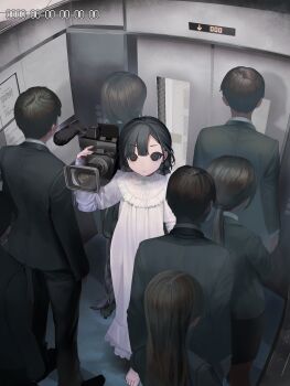 3boys 4girls absurdres barefoot black_eyes black_hair black_jacket black_pants black_suit braid brown_hair business_suit camera closed_mouth dress elevator formal_clothes from_above full_body highres holding holding_camera indoors jacket long_hair long_sleeves multiple_boys multiple_girls original pants paper people short_hair sleepwear standing suit test_norma1 timestamp twin_braids very_long_hair video_camera white_dress