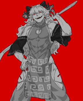 1boy carrying_over_shoulder chamaruk chinese_clothes clothing_cutout curly_hair detached_sleeves evil_smile genderswap genderswap_(ftm) hand_on_own_hip holding holding_spork horn_ornament horn_ribbon horns long_hair looking_at_viewer male_focus meandros muscular muscular_male open_mouth oversized_object patterned_clothing pectoral_cleavage pectorals pelvic_curtain pointy_ears red_background red_nails ribbon sharp_teeth sheep_horns side_slit smile solo spork teeth touhou toutetsu_yuuma very_long_hair
