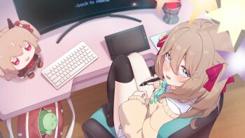 1girl ahoge aqua_bow aqua_bowtie asymmetrical_legwear badge bag bandaid bandaid_on_knee bandaid_on_leg black_thighhighs blue_eyes blue_sailor_collar blue_skirt blush bow bowtie brown_hair button_badge cardigan chahanramen chair computer_keyboard drawing_tablet duffel_bag evil_neuro-sama grey_skirt hair_between_eyes hair_ornament hair_ribbon hairclip heart heart_hair_ornament highres holding holding_stylus indie_virtual_youtuber indoors lava_lamp long_hair long_sleeves looking_at_viewer monitor neuro-sama nose_blush on_chair open_mouth osu! pleated_skirt red_bag red_ribbon ribbon sailor_collar school_uniform serafuku single_thighhigh sitting skirt sleeves_past_wrists stuffed_animal stuffed_toy stylus swivel_chair table thighhighs two_side_up v-neck vedal987 vedal_ai virtual_youtuber yellow_cardigan