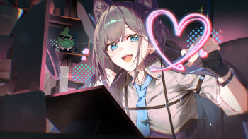 1girl :d absurdres animal_ear_fluff animal_ears artist_glove black_hair black_hat blue_eyes blue_necktie blush book bottle commentary_request computer eyewear_on_head fang glasses gloves grey_shirt hat heart highres holding holding_pen korean_commentary leaf looking_at_viewer monitor necktie official_art open_mouth partially_fingerless_gloves pen shirt shotgunman smile