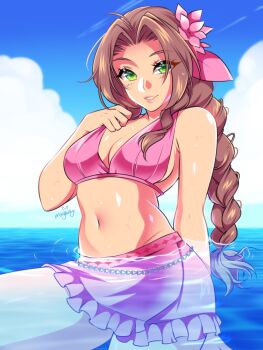 Rule 34 | aerith gainsborough, aerith gainsborough (pink mermaid), ahoge, arm behind back, artist name, bare arms, bare shoulders, belly chain, bikini, blue sky, blush, braid, braided ponytail, breasts, brown hair, cleavage, cloud, cloudy sky, commission, cowboy shot, final fantasy, final fantasy vii, final fantasy vii rebirth, final fantasy vii remake, flower, frilled skirt, frills, green eyes, hair flower, hair ornament, hair ribbon, hand on own chest, highres, jewelry, long hair, looking at viewer, medium breasts, midriff, mingway, miniskirt, navel, ocean, official alternate costume, parted bangs, parted lips, partially submerged, pink bikini, pink ribbon, pink skirt, ribbon, sideboob, sidelocks, single braid, skirt, sky, swimsuit, wet, wet hair