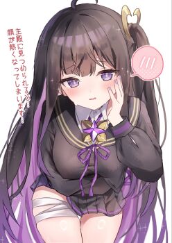 ahoge bandage_on_leg bandage_on_thigh bandaged_leg bandages black_hair black_sailor_collar black_serafuku black_skirt blush breasts chitose_(stella_sora) colored_inner_hair flustered hand_on_own_cheek hand_on_own_face highres layered_shirt long_hair looking_at_viewer miniskirt mole mole_under_eye multicolored_hair natukisigure one_side_up pleated_skirt purple_eyes purple_hair purple_ribbon ribbon sailor_collar school_uniform serafuku skirt stella_sora very_long_hair white_background