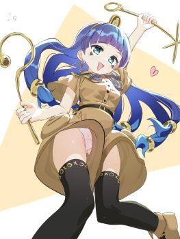 1girl black_thighhighs blue_eyes blue_hair blunt_bangs brown_shirt brown_shorts commentary crotch_seam holding holding_polearm holding_weapon long_hair looking_at_viewer michigami_nareko panties polearm polpol puffy_shorts shirt shorts smile solo thighhighs touhou underwear upshorts weapon white_panties