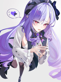 1girl :d absurdres black_nails breasts drill_hair fang foot_out_of_frame grey_background hairband heart highres long_hair long_sleeves okashieeeeeee open_mouth pointy_ears purple_hair red_eyes sideboob signature simple_background skin_fang smile spoken_heart vivian_banshee zenless_zone_zero