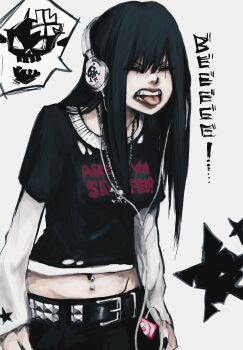 Rule 34 | 1girl, bead necklace, beads, belt, black belt, black hair, black nails, black pants, clenched teeth, closed eyes, commentary, crop top, mp3 player, emo fashion, english text, hands on own hips, headphones, highres, ipod, ipod shuffle, jewelry, layered sleeves, long hair, navel piercing, necklace, nu punxxxz, original, pants, piercing, print shirt, shirt, skull necklace, solo, spoken skull, star (symbol), studded belt, symbol-only commentary, teeth, tongue, tongue out, torn clothes, torn shirt