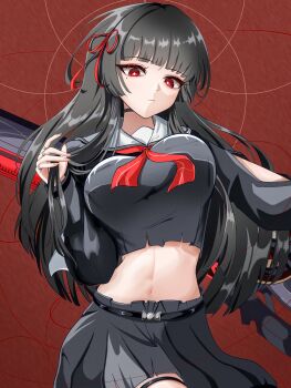 1girl absurdres black_hair black_jacket black_shirt black_skirt breasts bright_pupils bunchosan_dayo chisa_(wuthering_waves) closed_mouth commentary hair_ribbon highres jacket large_breasts long_hair looking_at_viewer mole mole_under_eye navel red_background red_eyes red_ribbon ribbon shirt skirt solo stomach white_pupils wuthering_waves