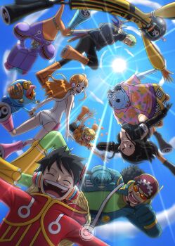 2023 2girls 6+boys ^_^ afro black_hair blue_skin blue_sky bodysuit boots brook_(one_piece) brook_(one_piece)_(egghead) chest_tattoo closed_eyes coat colored_skin commentary english_commentary facial_hair facial_scar falling franky_(one_piece) full_body gloves goatee hair_over_one_eye headphones heart heart-shaped_eyes highres jacket jinbe_(one_piece) jinbe_(one_piece)_(egghead) leotard long_hair looking_at_viewer making-of_available monkey_d._luffy multiple_boys multiple_girls nami_(one_piece) nami_(one_piece)_(egghead) nico_robin nico_robin_(egghead) official_alternate_costume one-eyed one_piece orange_hair red_coat roronoa_zoro roronoa_zoro_(egghead) sanji_(one_piece) sanji_(one_piece)_(egghead) scar scar_across_eye scar_on_cheek scar_on_face sergiromero short_hair skeleton sky smile straw_hat_pirates sun tattoo tony_tony_chopper tony_tony_chopper_(egghead) upside-down usopp usopp_(egghead) yellow_boots