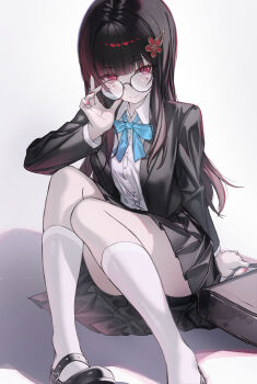 Rule 34 | 1girl, absurdres, adjusting eyewear, bag, black hair, black jacket, black shoes, black skirt, blazer, blue bow, blue bowtie, bow, bowtie, circle facial mark, closed mouth, collared shirt, commentary, english commentary, facial mark, fingernails, flower hairpin, glasses, highres, honkai: star rail, honkai (series), jacket, knees up, loafers, long hair, looking at viewer, making-of available, mark under both eyes, neon (pixiv 31150749), red eyes, red nails, round eyewear, school bag, shirt, shoes, sitting, skirt, smile, socks, solo, sparkle (honkai: star rail), sparkle (school uniform) (honkai: star rail), white shirt, white socks