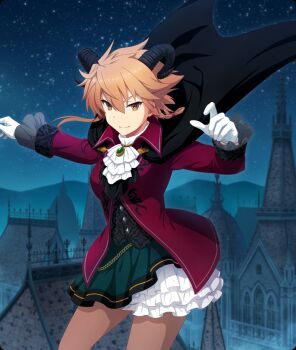 Rule 34 | 1girl, ascot, black cape, black horns, blue sky, breasts, brooch, brown pantyhose, cape, closed mouth, cowboy shot, curved horns, demon horns, dot nose, dress, game cg, gem, gloves, green dress, green gemstone, halloween, halloween costume, hands up, horns, jacket, jewelry, large breasts, layered skirt, looking at viewer, midair, mountainous horizon, night, official art, orange eyes, orange hair, outdoors, pantyhose, red jacket, red pupils, rooftop, shidou maki (toji no miko), skirt, sky, smile, solo, star (sky), starry sky, steeple, third-party source, toji no miko, toji no miko: kizamishi issen no tomoshibi, white ascot, white gloves, white skirt