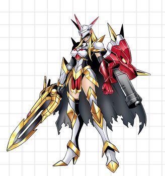 Rule 34 | 1girl, absurdres, adoptable, arm cannon, armor, armored boots, armored dress, black cape, blonde hair, boots, breasts, cape, commentary, covered eyes, digimon, digimon (creature), dress, english commentary, expressionless, eyes in shadow, fake horns, forehead jewel, full body, gauntlets, gem, genderswap, genderswap (otf), gold, gold trim, grid, helmet, helmet over eyes, high heel boots, high heels, highres, holding, holding sword, holding weapon, horned helmet, horns, long hair, multiple horns, omegamon alter-s, oridigi, partially shaded face, pauldrons, pelvic curtain, red armor, red gemstone, red horns, red loincloth, sewally1399982, short dress, shoulder armor, shoulder spikes, solo, spikes, standing, sword, torn cape, torn clothes, weapon, white armor, white helmet