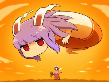 2girls animal_ears brown_hair commentary detached_wings dress flying full_body inaba_tewi kine long_hair mallet multiple_girls orange_sky parody parody_request pink_dress purple_hair rabbit_ears rabbit_girl rabbit_tail red_eyes reisen_udongein_inaba shirosato short_hair sky standing symbol-only_commentary tail touhou white_wings wings