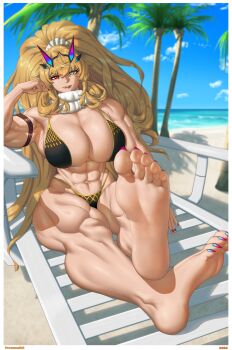 1girl abs absurdres bare_shoulders barghest_(fate) barghest_(ice_warrior)_(fate) beach beach_chair biceps bikini black_bikini blonde_hair blue_sky breasts cleavage fate/grand_order fate_(series) feet green_eyes hair_ornament hair_scrunchie heterochromia high_ponytail highleg highleg_bikini highres horns large_breasts long_hair looking_at_viewer muscular muscular_female navel open_mouth palm_tree ponytail red_eyes scarf scrunchie shore sidelocks sky smile solo swimsuit the_freeman thick_thighs thighs tree white_scarf