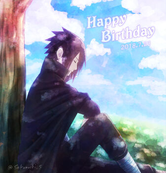 1boy black_cloak black_pants black_shirt cloak closed_eyes closed_mouth cloud cloudy_sky dated english_text from_side happy_birthday highres long_sleeves male_focus mochiii-s naruto_(series) naruto_shippuuden outdoors pants shirt short_hair sitting sky smile solo tree twitter_username uchiha_sasuke under_tree