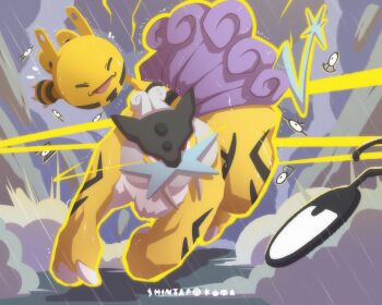 Rule 34 | claws, closed eyes, electricity, elekid, floating, gen 2 pokemon, highres, legendary pokemon, mane, nintendo, no humans, one-eyed, open mouth, pokemon, pokemon (creature), pokemon focus, raikou, rain, red eyes, running, sabretooth tiger, shintarokuma, tail, tiger stripes, tusks, unown, unownglyphics, yellow fur