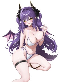 1girl absurdres bikini blush breasts dragon_girl dragon_horns dragon_tail dragon_wings hagyu highres horns large_breasts looking_at_viewer mole mole_on_breast navel purple_hair purple_tail sakihane_huya stellive swimsuit tail thigh_strap virtual_youtuber wings yellow_eyes