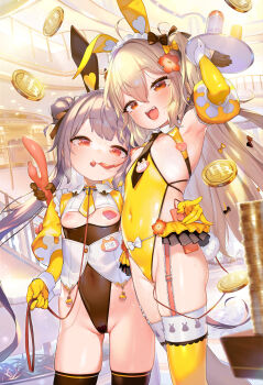 2girls animal_ears armpits black_necktie blush bow breasts brown_eyes chinese_clothes coin comic_exe commentary_request covered_navel detached_sleeves dildo dudou fake_animal_ears fake_tail fang flower garter_straps gloves grey_hair hair_between_eyes hair_bow hair_bun hair_flower hair_ornament heart_pasties henreader highleg highleg_leotard highres holding holding_leash holding_own_leash holding_tray indoors leash leotard loli long_hair looking_at_viewer lotion_bottle mouth_hold multiple_girls name_tag necktie nipples one_side_up open_mouth orange_eyes original paid_reward_available pasties playboy_bunny puffy_detached_sleeves puffy_sleeves rabbit_ears rabbit_tail remote_control_vibrator sex_toy single_pasty skindentation small_breasts smile sweat tail tassel thighhighs tray twintails very_long_hair vibrator vibrator_cord wrist_cuffs yellow_gloves yellow_necktie