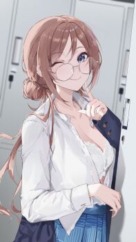 1girl absurdres blue_eyes blue_skirt bra breasts brown_hair chinese_commentary cleavage commentary_request eimizzzzz gakuen_idolmaster glasses hair_bun highres himesaki_rinami idolmaster indoors locker locker_room long_hair long_sleeves looking_at_viewer puffy_long_sleeves puffy_sleeves round_eyewear school_uniform shirt single_hair_bun skirt smile solo underwear white_bra white_shirt