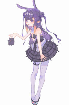 1girl absurdres blush boots center-flap_bangs creature crinoline detached_collar fang feathered_wings flat_chest full_body hair_bun hair_ornament highres holding holding_creature hololive hololive_english kiwwwwwi looking_at_viewer mole mole_under_eye multicolored_hair ninomae_ina'nis ninomae_ina'nis_(ina_the_hero) official_alternate_costume official_alternate_hairstyle open_mouth orange_hair platform_boots pointy_ears purple_eyes purple_hair sidelocks simple_background skirt solo takodachi_(ninomae_ina'nis) tentacle_hair thigh_boots thigh_strap two-tone_hair virtual_youtuber white_background white_boots white_wings wings