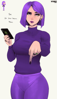 1girl artist_name black_nails breasts cellphone duolingo earrings english_text eyeshadow highres holding holding_phone jewelry large_breasts lily_(duolingo) looking_at_viewer makeup nyuunzi pants phone pointing pointing_down purple_eyeshadow purple_hair purple_lips purple_pants purple_shirt reference_inset ring shirt short_hair simple_background smartphone solo white_background