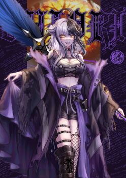 1girl alternate_costume black_boots black_coat black_hair black_shorts boots breasts character_name cleavage coat crop_top fishnet_thighhighs fishnets grey_hair highres holding holding_quill hololive hololive_english large_breasts long_hair looking_at_viewer multicolored_hair oversized_object quill shiori_novella shorts single_thigh_boot single_thighhigh solo split-color_hair thigh_boots thighhighs tongue tongue_out two-tone_hair virtual_youtuber yellow_eyes zolomon_(jarvis_lin)