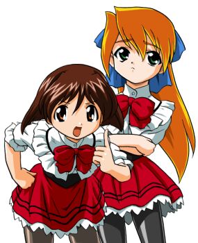 Rule 34 | 2girls, averting eyes, bandabekken, blonde hair, blue bow, bow, bowtie, bronze parrot, brown eyes, brown hair, closed mouth, cowboy shot, crossed arms, cummerbund, frilled shirt, frills, frown, green eyes, hair between eyes, hair bow, hand on own hip, index finger raised, kitsune no akane, leaning forward, looking at viewer, medium hair, miniskirt, multiple girls, open mouth, pantyhose, pleated skirt, ponytail, raised inner eyebrows, red bow, red bowtie, red skirt, shirt, simple background, skirt, standing, tanuki no midori, tenshi no shippo, tenshi no shippo chu!, v-shaped eyebrows, waitress, white background, white shirt