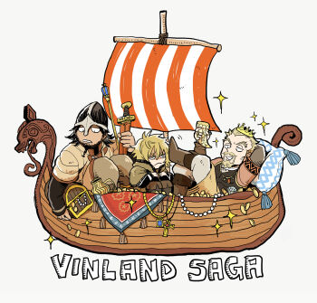 3boys aberdeenport arm_behind_head askeladd beard bjorn_(vinland_saga) black_hair blonde_hair boat boots brown_boots brown_capelet capelet carpet chibi chibi_only coin copyright_name crossed_legs crown cup drinking_horn facial_hair frown goatee gold_coin hair_between_eyes hashtag-only_commentary helmet highres holding holding_cup holding_sword holding_weapon hugging_own_legs longship male_focus medium_hair multiple_boys on_boat panties parted_lips pillow reclining scepter short_hair sparkle sword thorfinn treasure_chest underwear viking vinland_saga watercraft weapon white_panties