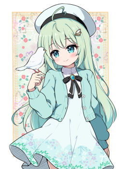 1girl ahoge beret bird character_request closed_mouth commentary_request commission copyright_request dress green_hair hat long_hair long_sleeves nekono_rin open_clothes skeb_commission smile solo white_dress