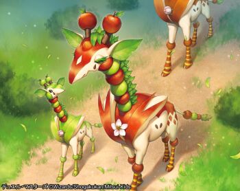 apple bush closed_mouth day duel_masters flower food food-themed_creature from_above fruit full_body giraffe grass green_apple kemonomichi_(blue_black) kiringo_(duel_monsters) leaf looking_at_another no_humans official_art outdoors path pink_flower road