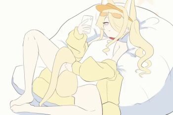 1girl animal_ear_fluff animal_ears animated blonde_hair blue_archive breasts choker cleavage_cutout closed_mouth clothing_cutout commentary_request expressionless eyewear_on_head fast feet fox_ears fox_girl fox_tail full_body halo handjob_gesture hat holding holding_phone implied_masturbation jacket knee_up knees legs long_hair long_sleeves looking_at_phone lying multicolored_eyes nose nykaani off_shoulder on_back on_pillow one-piece_swimsuit petite phone pillow pink_eyes red_choker seia_(blue_archive) seia_(swimsuit)_(blue_archive) sexually_suggestive side_ponytail sidelocks simulated_handjob small_breasts spread_legs sunglasses swimsuit tail tail_grab thighs ugoira video visor_cap what white_background white_one-piece_swimsuit yellow_eyes yellow_jacket