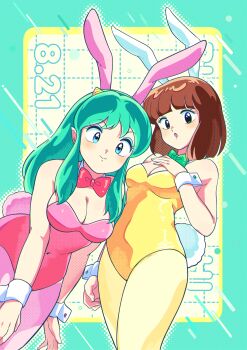 2girls absurdres animal_ears artist_request blue_eyes bow bowtie breasts brown_eyes brown_hair cleavage detached_collar green_hair highres large_breasts leotard long_hair looking_at_viewer lum medium_breasts miyake_shinobu multiple_girls open_mouth pantyhose pink_leotard playboy_bunny rabbit_ears rabbit_tail short_hair smile tail urusei_yatsura wrist_cuffs yellow_leotard