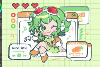 1girl :3 art_program_in_frame blush boots chibi closed_mouth cursor goggles goggles_on_head green_eyes green_hair green_skirt green_tube_top grimruu gumi gumi_(v3_megpoid) headphones heart jacket looking_at_viewer one_eye_closed orange_boots orange_jacket pixel_heart red-tinted_eyewear red_goggles short_hair_with_long_locks skirt smile solo song_name strapless tinted_eyewear tube_top user_interface vocaloid window_(computing)