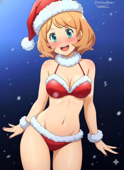 1girl :d alexkonakona alternate_costume bikini blonde_hair blue_eyes blush breasts cleavage collar commentary cowboy_shot earrings eyelashes fur_collar fur_wrist_cuffs happy hat jewelry nail_polish navel nintendo open_mouth pokemon pokemon_(anime) pokemon_horizons red_bikini red_hat red_nails santa_hat serena_(pokemon) short_hair signature smile snowing solo swimsuit teeth tongue upper_teeth_only white_collar wrist_cuffs