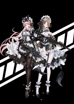 Rule 34 | 1girl, assault rifle, bang dream!, bang dream! it's mygo!!!!!, black background, black gloves, black pantyhose, black shoes, blue eyes, breasts, brown hair, chibi, chihaya anon, commentary request, covered erect nipples, full body, gloves, grey eyes, gun, h&amp;k g36c, h&amp;k hk416, headdress, headset, highres, holding, holding gun, holding weapon, iue (pixiv 95802465), large breasts, long hair, maid, maid headdress, medium breasts, microphone, nagasaki soyo, night vision device, pantyhose, pink hair, rifle, shoes, solo, very long hair, weapon, white background, white gloves, white pantyhose