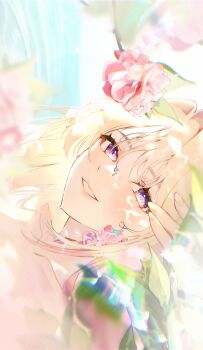 Rule 34 | 1girl, absurdres, bare shoulders, blonde hair, blurry, blurry foreground, blush, choppy bangs, collarbone, day, earrings, eyelashes, flower, flower earrings, gradient hair, hair intakes, happy, highres, jewelry, leaf, light, lips, long hair, multicolored eyes, multicolored hair, original, outdoors, parted lips, pink flower, pink hair, portrait, purple eyes, smile, solo, sunlight, sweat, sweatdrop, totomong, water, water drop, yellow eyes