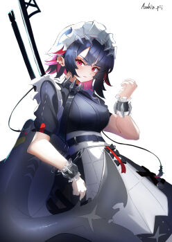 Rule 34 | 1girl, azuki pii, black dress, black hair, colored inner hair, commentary request, cowboy shot, dress, ellen joe, fins, fish tail, frilled wristband, hair between eyes, hairband, highres, looking at viewer, maid, metal hairband, mole, mole under eye, multicolored hair, razor blade hair ornament, red eyes, scar, scar on tail, shark girl, shark tail, short hair, short sleeves, solo, spiked headband, tail, white background, zenless zone zero