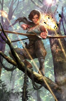 1girl arrow_(projectile) blue_eyes bow_(weapon) brown_hair female_focus fire highres lara_croft long_hair looking_at_viewer realistic solo tank_top tomb_raider tomb_raider_(reboot) tree weapon