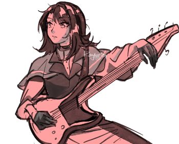 Rule 34 | 1girl, bang dream!, bang dream! it's mygo!!!!!, bass guitar, capelet, chinese commentary, commentary request, gloves, highres, holding, holding bass guitar, holding instrument, instrument, medium hair, monochrome, open mouth, simple background, solo, sweat, timoris (bang dream!), vest, white background, yahata umiri, yoyoray20001996