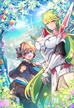 1boy 1girl :d absurdres age_difference apple armor armored_dress beanie belt black_pants blue_butterfly blue_eyes blue_jacket blue_ribbon boobplate braid breastplate breasts brown_belt brown_hair brown_hat bug bush butterfly cleavage closed_mouth cloud collar cover cover_page cowboy_shot crown_braid day detached_sleeves dress earflap_beanie flower food forest fruit fruit_tree gauntlets gem green_hair grey_dress hair_between_eyes hair_ornament halter_dress halterneck hat height_difference highres holding holding_polearm holding_weapon horizon insect jacket large_breasts long_hair looking_back macchoko mushroom nature neck_ribbon novel_cover novel_illustration ocean official_art onee-shota open_mouth outdoors pants pauldrons pink_eyes polearm purple_butterfly purple_flower red_gemstone ribbon rock rope_belt shoe_soles short_hair shoulder_armor shounen_maaru_no_tensei_bouken-ki side_slit single_pauldron smile spear standing standing_on_one_leg sweater swept_bangs thigh_strap tower tree very_long_hair weapon white_belt white_collar white_sweater wing_hair_ornament