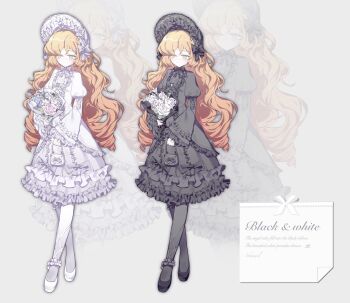 1girl alternate_costume bag black_dress black_headdress black_pantyhose black_shoes blush bouquet closed_mouth commentary dress english_commentary english_text flower freckles frilled_dress frills full_body green_eyes handbag highres holding holding_bag holding_bouquet ishmael_(project_moon) juliet_sleeves light_smile limbus_company long_dress long_hair long_sleeves miwu_108 multiple_views orange_hair pantyhose project_moon puffy_sleeves shoes very_long_hair white_dress white_headdress white_pantyhose white_shoes zoom_layer