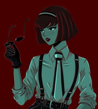 1girl black_eyes black_gloves black_pants bob_cut collared_shirt cosplay gloves hairband highres holding holding_removed_eyewear lipstick makeup megadeus_mommy necktie pants r_dorothy_wayneright red_background red_lips roger_smith roger_smith_(cosplay) shirt short_hair simple_background three-quarter_sleeves solo striped_clothes sunglasses suspenders the_big_o unworn_eyewear vertical-striped_clothes vertical-striped_necktie white_hairband