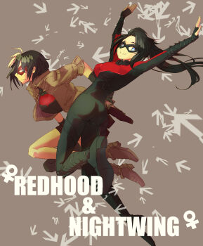 2girls animification batman_(series) black_hair blue_eyes character_name dc_comics dick_grayson english_text family female_focus fermium.ice genderswap genderswap_(mtf) highres jason_todd mask multiple_girls nightwing red_hood red_hood_(dc) siblings wedgie