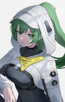 Rule 34 | 1girl, absurdres, arknights, arknights: endfield, black bodysuit, bodysuit, breasts, bright pupils, commentary, covered navel, fluorite (arknights), green eyes, green hair, grey background, grey hood, hair ornament, hairclip, highres, hood, hood up, light smile, long hair, long sleeves, looking at viewer, medium breasts, natoriusu sansei, simple background, solo, upper body, white pupils