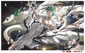 1girl absurdres admiral_nakhimov_(azur_lane) alternate_costume animal_ears azur_lane barefoot branch breasts breasts_out cat_ears chinese_zodiac cleavage dated dress earrings fake_animal_ears full_body gold gold_earrings gold_necklace green_hair highres jewelry laocome large_breasts lying lying_on_branch necklace on_side orange_eyes outstretched_arm short_hair slit_pupils snake solo white_dress white_snake year_of_the_snake