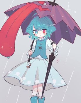 1girl ahoge artist_name black_umbrella blue_eyes blue_hair blue_vest closed_mouth closed_umbrella commentary_request feet_out_of_frame grey_background grey_skirt grey_socks heterochromia highres holding holding_umbrella long_sleeves looking_at_viewer m_(m073111) notice_lines pout purple_umbrella rain red_eyes shirt short_hair skirt socks solo standing striped_clothes striped_socks swept_bangs tatara_kogasa tongue touhou umbrella vertical-striped_clothes vertical-striped_socks vest white_shirt